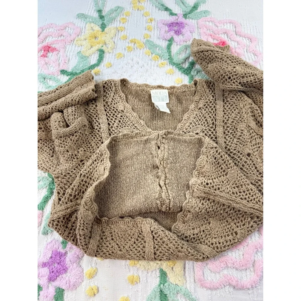MODA INTL Tan Crochet Knit Button Up‎ Cardigan Sweater Top Women's Medium - Picture 6 of 8